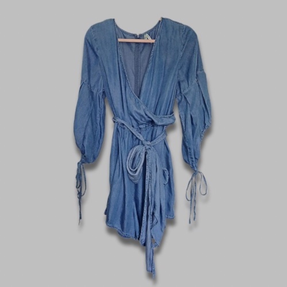 Truth Chambray Faux Wrap Romper Tie Belt Long Balloon Sleeves Tie Cuffs W US 2X